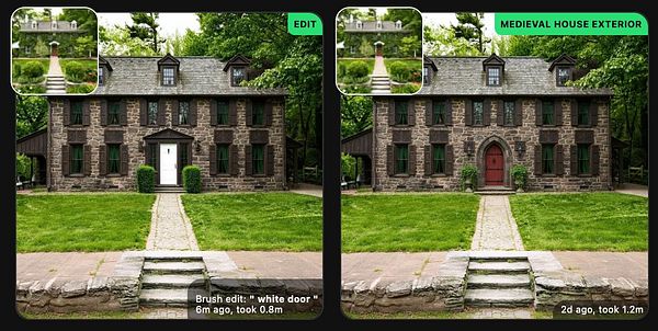 The image displays a side-by-side comparison of two edited versions of a medieval house exterior.