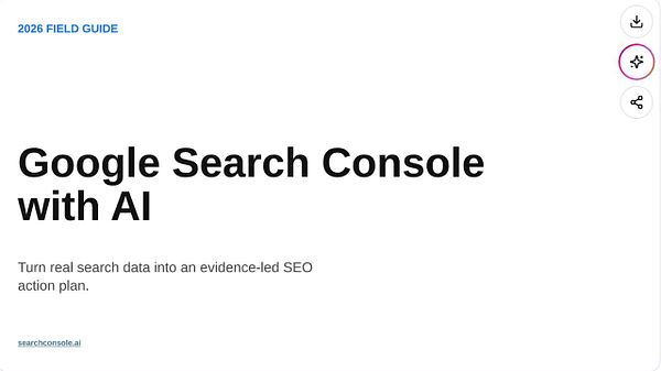 Presentation slide titled 'Search Console AI' comparing manual and automatic SEO work using Google Search Console and AI tools.