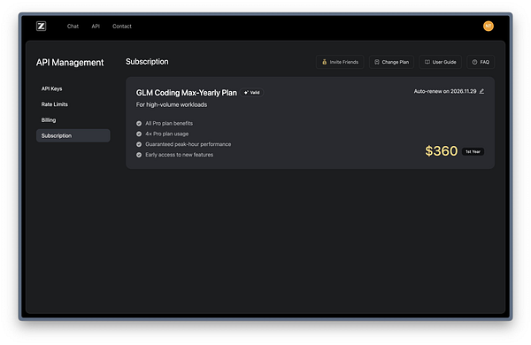 The image displays a subscription management interface for the GLM Coding Max-Yearly Plan.