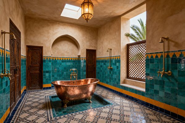 A Moroccan-style bathroom features a hammered copper freestanding tub set in a tiled basin, surrounded by teal zellige walls capped with a saffron frieze and deep blue border. Warm tadelakt plaster, carved wooden doors, twin brass showers, a mashrabiya window screen, patterned mosaic floor, and a pierced brass lantern under a skylight create a sunlit, hammam-like space.