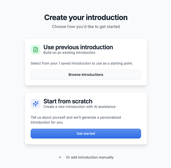The image displays a user interface for creating an introduction using two options: one for using a previous introduction and another for starting from scratch with AI assistance.