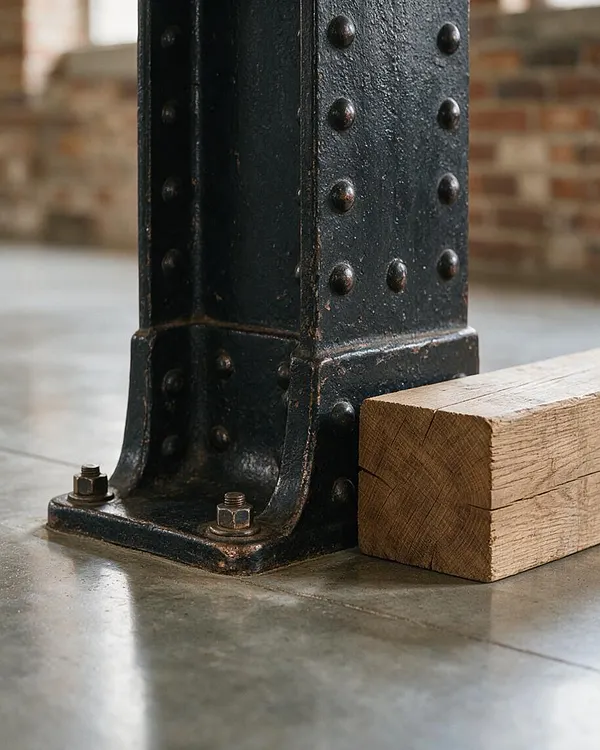 Close-up of a heavy black riveted steel column base bolted to a polished concrete floor, with a block of rough-cut wood placed beside it. The background is softly blurred, showing brick and industrial interior details.