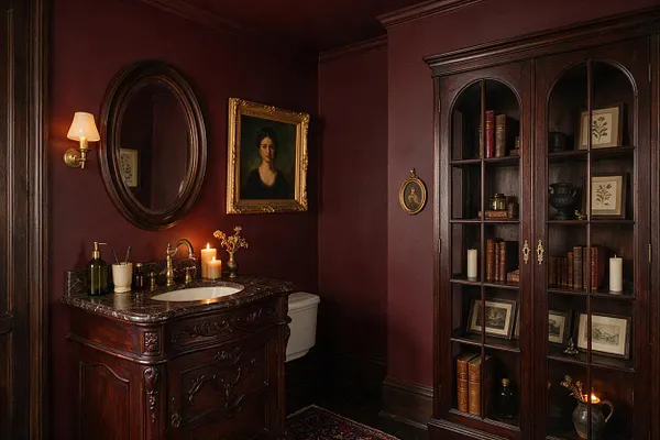 A dark academia powder room with deep burgundy walls, an ornate dark wood vanity with a marble countertop, and an oval mirror above the sink. A tall glass-front cabinet on the right displays books, framed art, candles, and decorative objects, creating a moody, scholarly atmosphere.