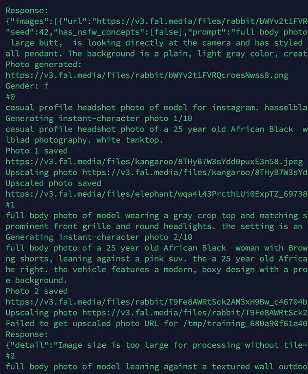 The image displays a text-based interface showing a series of prompts and responses related to AI-generated character photos.