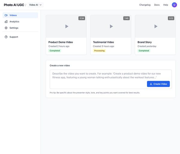 The image displays a user interface for a video creation dashboard within a UGC (User Generated Content) application.