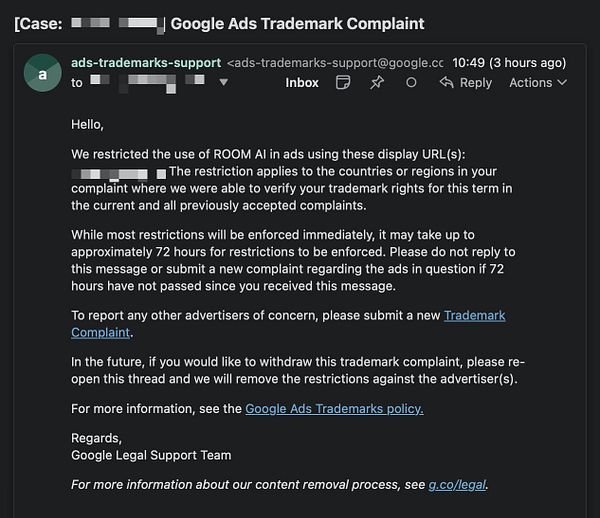 An email notification from Google Ads regarding a trademark complaint.