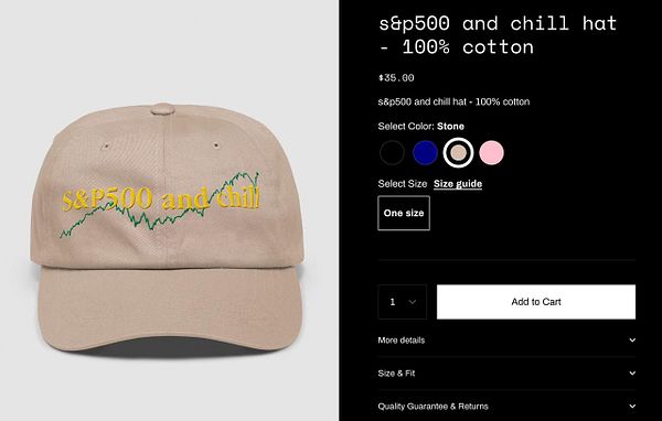 A beige cap featuring the phrase 'S&P500 and chill' with a stock market graph design, alongside a product description and purchase options.