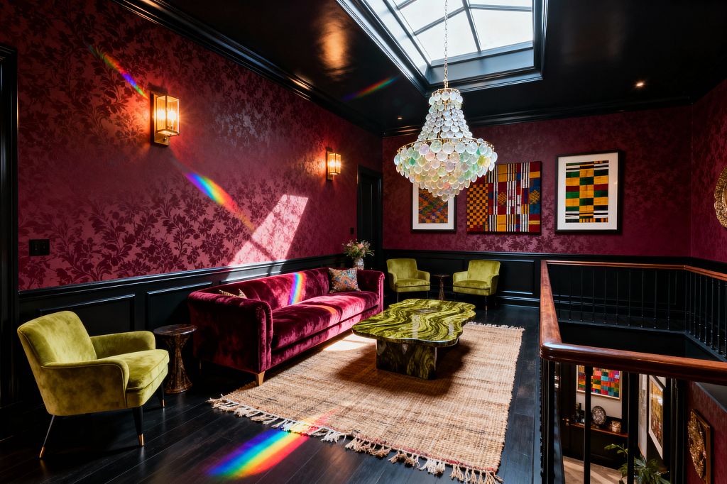 A dramatic maximalist living room with burgundy damask wallpaper above black wainscoting and a glossy black ceiling punctuated by a large rectangular skylight. A tiered chandelier of translucent shells hangs over a sculpted green onyx coffee table. A magenta velvet sofa and two chartreuse velvet armchairs sit on a fringed jute rug atop dark wood floors. Brass lantern sconces and colorful geometric artwork line the walls, while sunlight through the skylight casts rainbow prisms across the space.