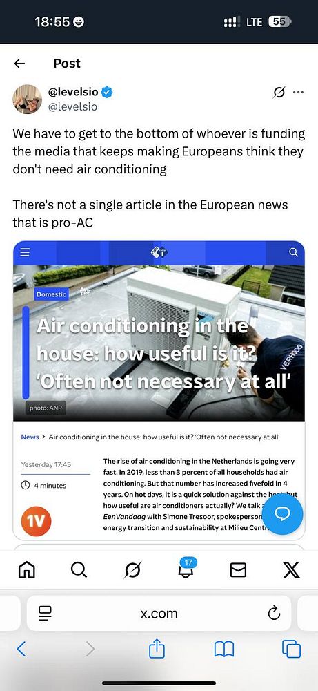 A social media post discussing European media's stance on air conditioning, featuring a screenshot of an article about its usefulness.