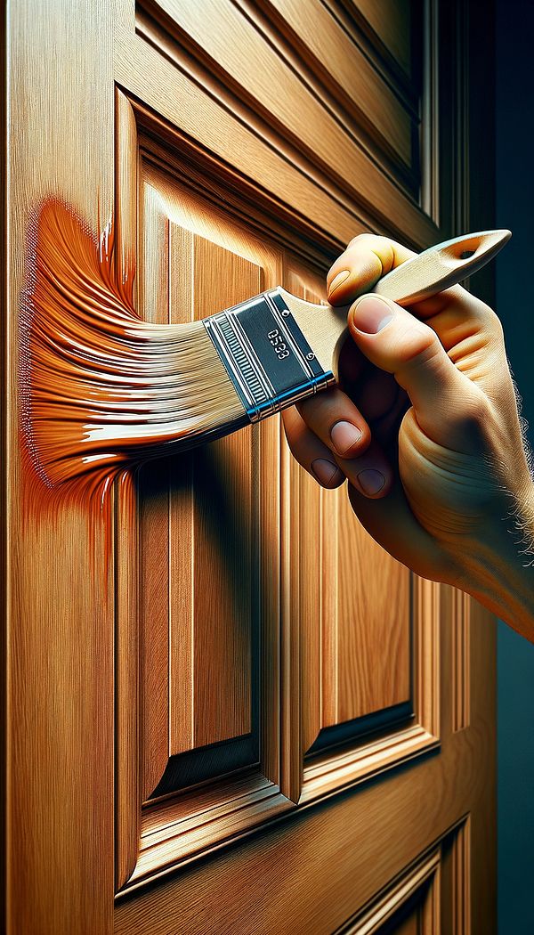 A close-up image of a painter's hand using a soft-bristled brush to apply a thin, final coat of high-gloss paint to a wooden door, ensuring a smooth, brush-mark-free finish.