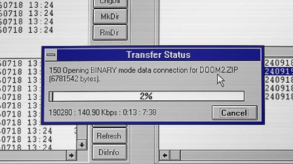 Screenshot of the Em-DOSBox configuration interface showing connection speed settings with an attached network performance statistics window.