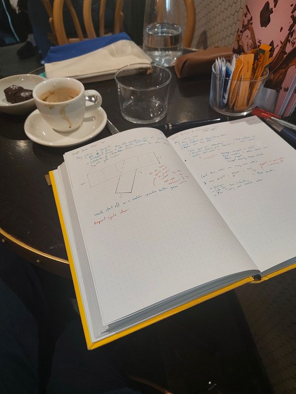 A person is conducting a sprint retrospective in a café, with notes and a coffee cup on the table.
