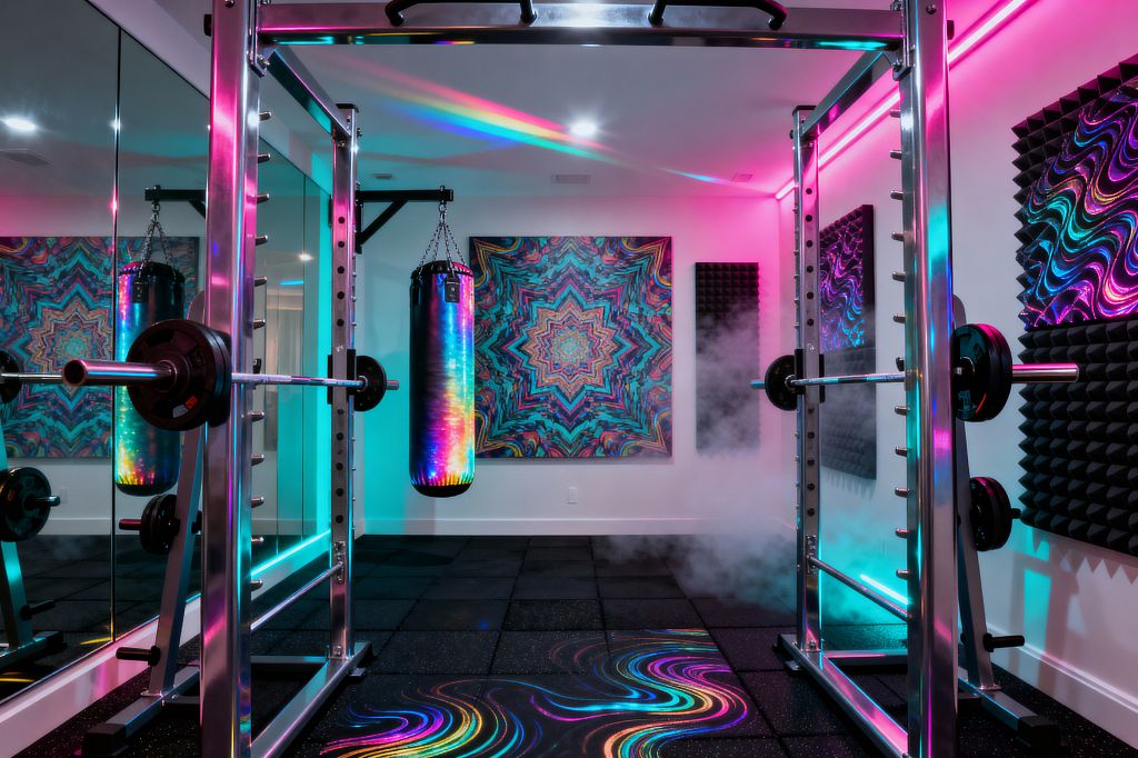 A home gym features a chrome power rack and barbell centered on black rubber tiles, with mirrored walls and white paint. Pink and cyan LED strips wash the room, reflecting on a rainbow tie-dye punching bag. A large mandala canvas hangs ahead, with black acoustic foam panels nearby. Neon swirls appear on the floor, and a light haze drifts along the right wall.