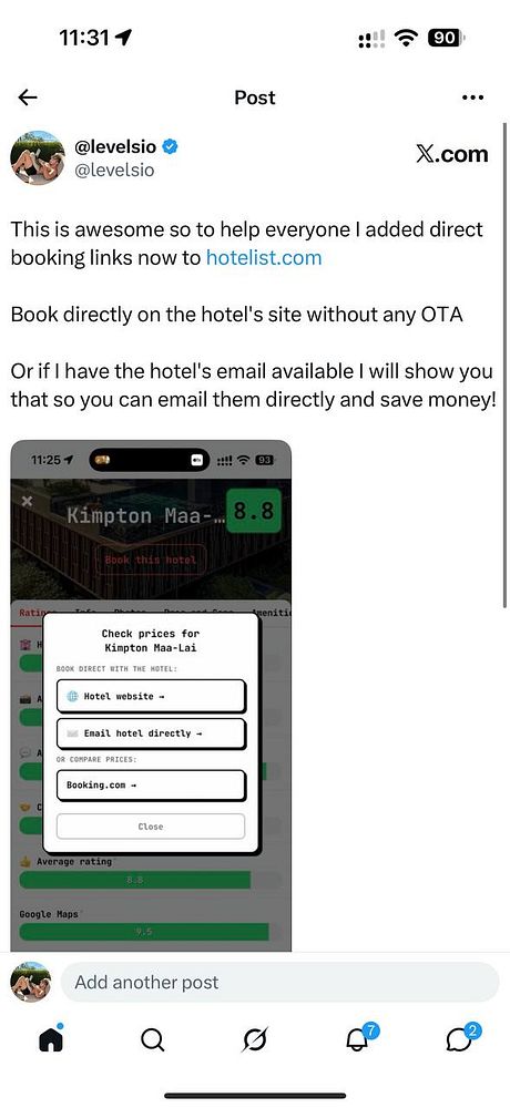 A tweet post by @levelsio announcing the addition of direct hotel booking links on hotelist.com with a screenshot showing booking options interface for a specific hotel.
