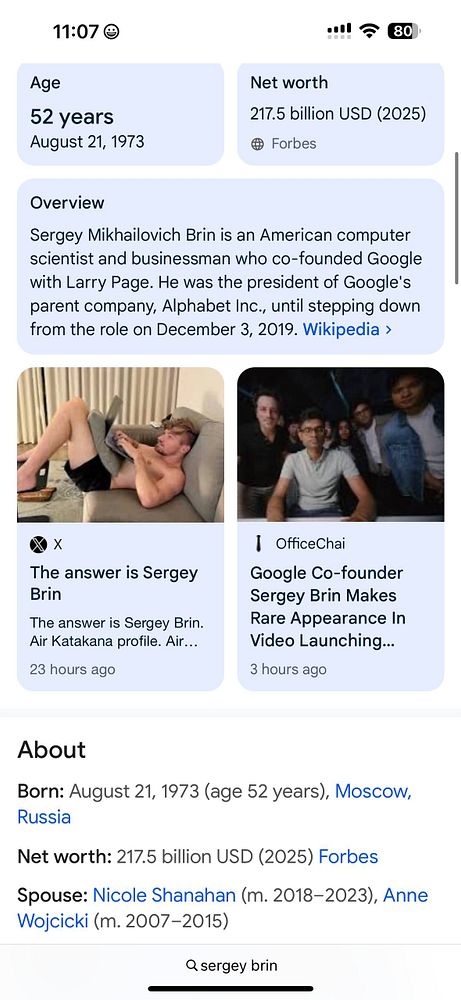 The image displays a detailed profile of Sergey Brin, co-founder of Google, including personal and professional information.