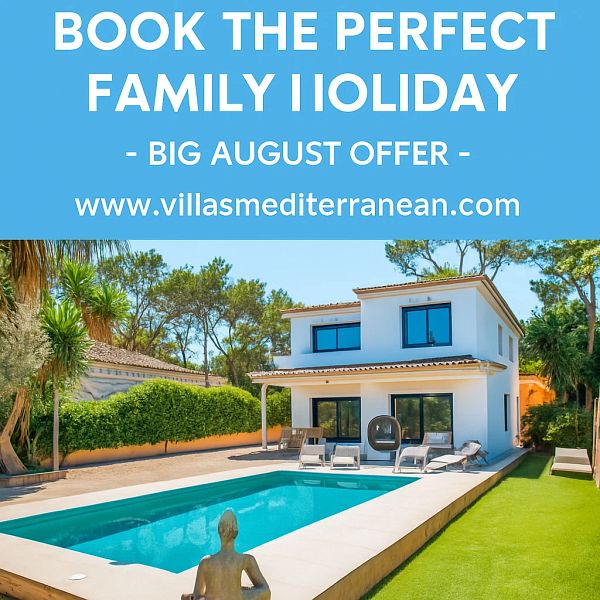 A modern villa with a swimming pool surrounded by lush greenery, promoting a family holiday offer.