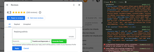 The image displays a Google Reviews interface alongside a code inspection panel showing an error message.