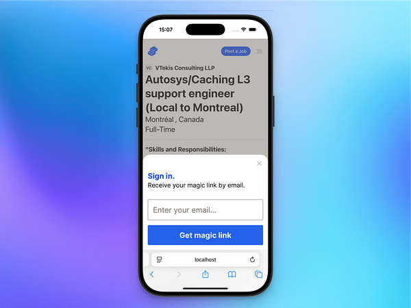 A mobile interface displaying a job posting and a sign-in modal.
