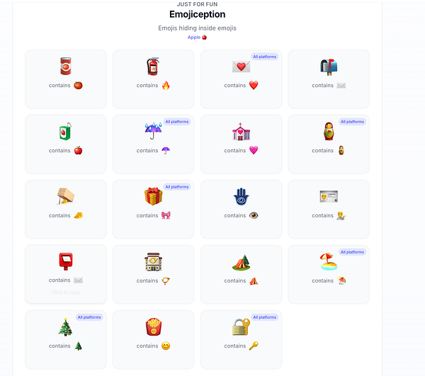 Screenshot of the Emojistime app displaying an "Emojiception" section with various nested emojis and a transmission log.