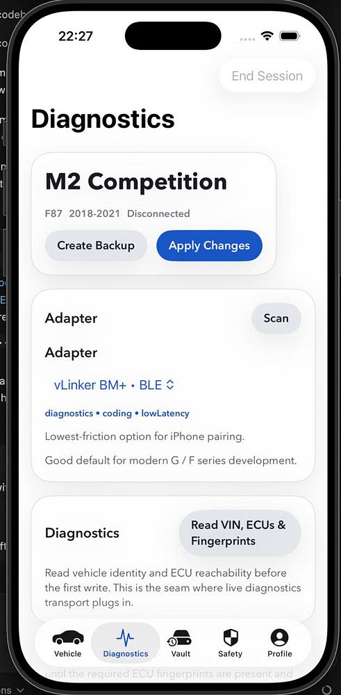 App interface with dark theme showing a battery icon and stylized text 'bimmerMod'.