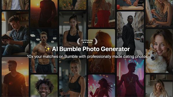 A promotional image for an AI Bumble Photo Generator showcasing various dating photos.
