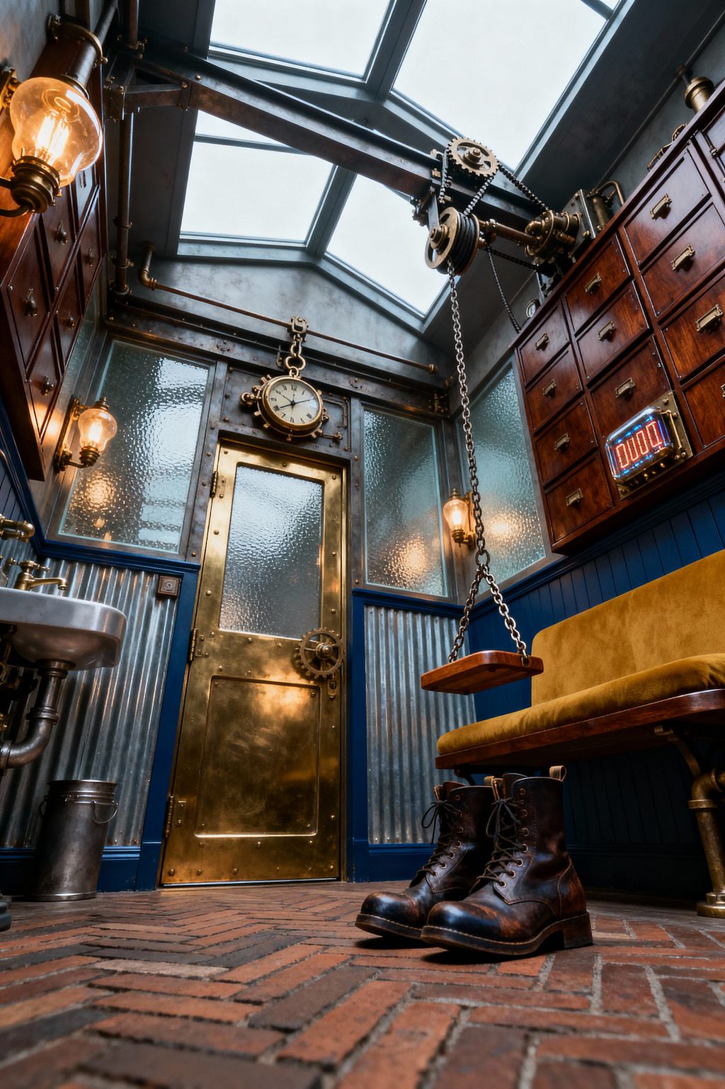 A compact steampunk mudroom centers on a riveted brass door framed by frosted glass panels and a porthole-style clock, beneath a glazed skylight. The space features herringbone brick flooring, navy beadboard with corrugated metal wainscot, walnut apothecary drawers, and a mustard velvet bench. Exposed pipes, Edison-bulb sconces, chains, gears, and a small utility sink enhance the industrial mood, with worn leather boots on the floor completing the scene.