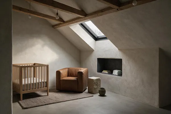 A compact nursery with sloped plaster walls, exposed wooden ceiling beams, and a skylight bringing in soft daylight. The room includes a light wood crib, a brown leather armchair, a textured rug, and a built-in wall niche with neatly folded linens and small decor pieces.