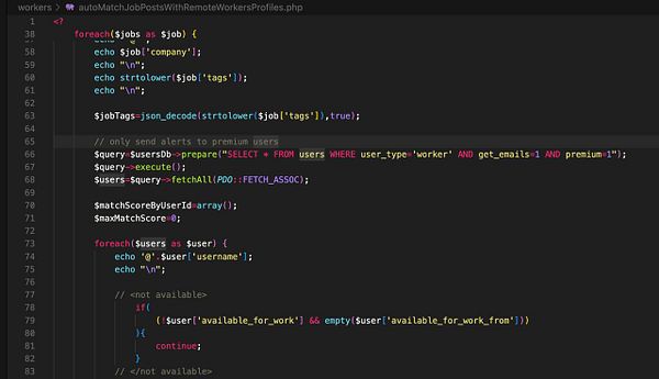 The image displays a code snippet from a PHP file related to job alerts for premium users.
