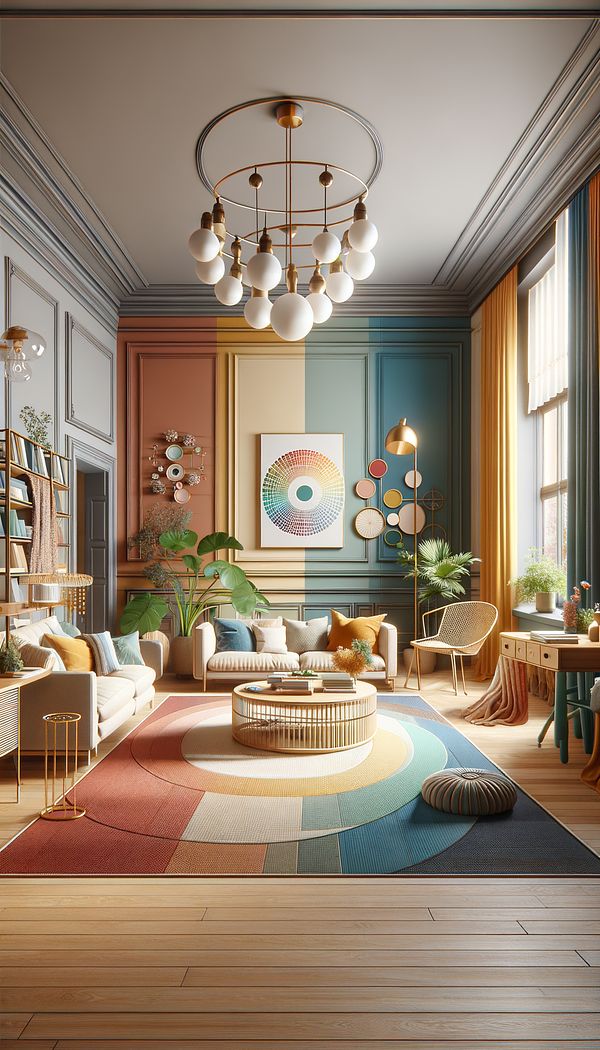 An interior space showcasing a harmonious color scheme with walls, furniture, and decorations, highlighting the principles of Color Theory.
