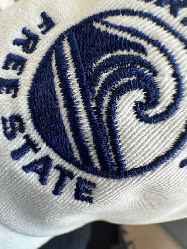The image features a close-up of an embroidered logo on a hat.