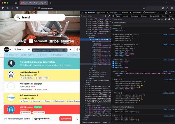The image displays a web page from RemoteOK with a developer console open, showing job listings and CSS code.