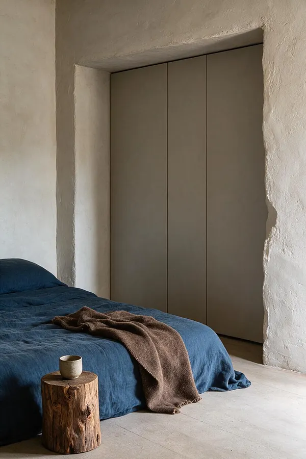 A serene guest bedroom with a low bed dressed in deep blue bedding, a brown throw blanket, and a small rustic stump used as a side table. The room features rough plaster walls, a muted built-in closet, and a soft neutral floor, creating a calm wabi-sabi atmosphere.