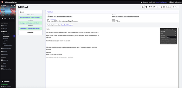 The image displays an email editing interface for a welcome email series in a marketing application.