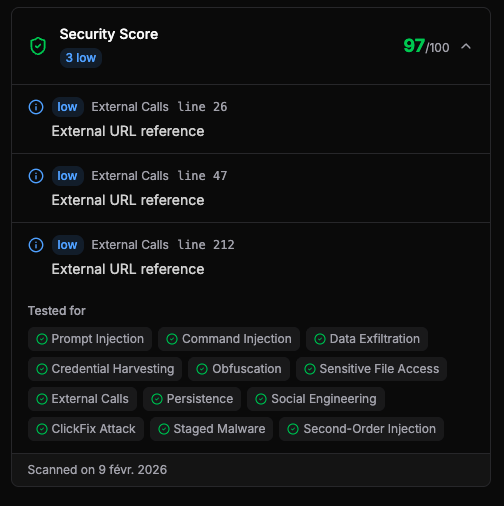 Dashboard showing skills with security scores represented by circular progress indicators and corresponding numerical percentages.
