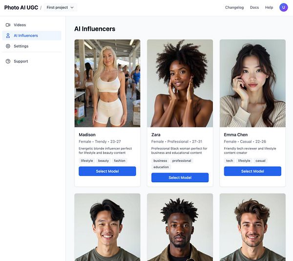 The image displays a user interface for selecting AI influencers, featuring profiles of various models.