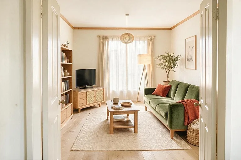A Japandi living room in the Olive Velvet palette: cream, olive green, rust, light oak, and oatmeal