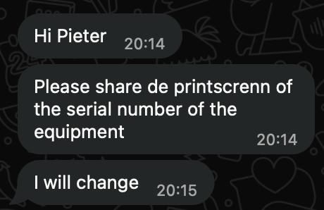 A WhatsApp chat screenshot requesting a printscreen of the equipment's serial number to make a change.
