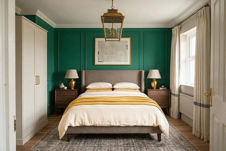 A Transitional bedroom in the Emerald Bedroom palette: emerald green, cream, mustard, walnut, and brass