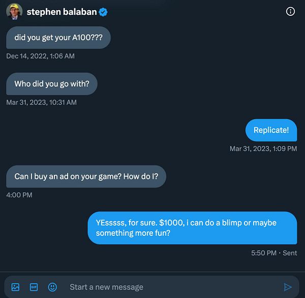 A Twitter direct message conversation discussing advertising options.