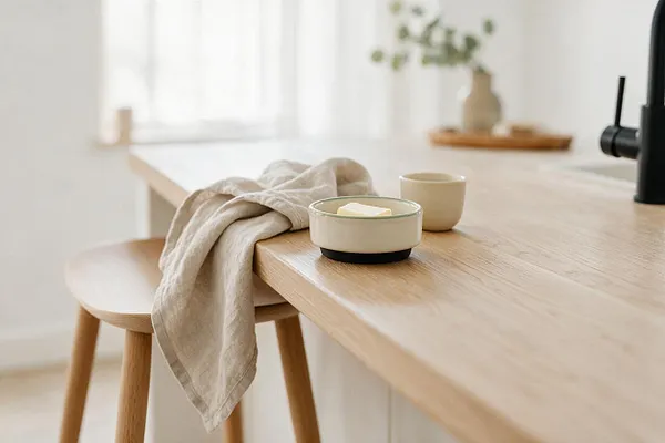 A bright Scandinavian dining vignette with a light oak table, a matching wooden stool, and a soft linen cloth draped over the edge. Small ceramic bowls and a muted vase with greenery add a calm, minimalist feel in warm neutral tones.
