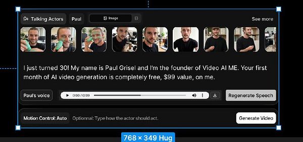 Wireframe layout of a clip editor interface displaying multiple video clips on a timeline, clip properties, and a sidebar with editing tools.