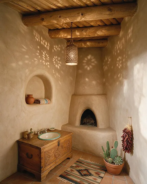 A compact Southwestern powder room with smooth adobe walls, exposed wood ceiling beams, and a hanging perforated metal pendant casting floral light patterns. The space features a carved wooden vanity with a round basin, an arched wall niche, a small corner fireplace, terracotta tile flooring, a woven rug, and potted cactus accents.