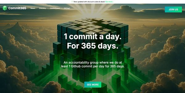The image features the hero section of the Commit365 website with a visually striking background and motivational text.