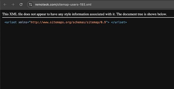 The image displays an XML file indicating an empty sitemap.