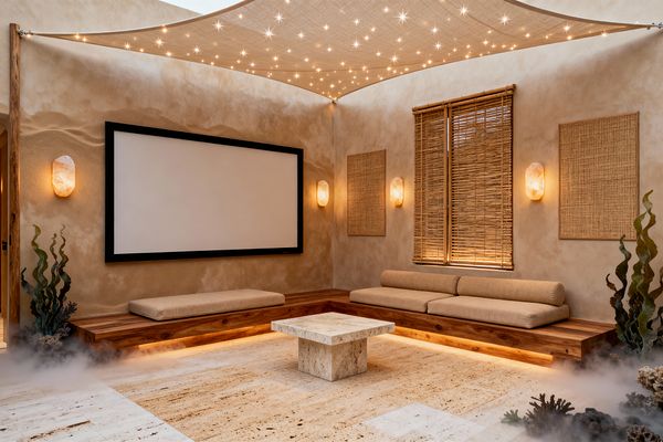 A coastal-style media room with a large black-framed projection screen faces low, built-in teak platform sofas topped with beige linen cushions and warm LED underlighting. The floor and square coffee table are travertine. Sand-colored plaster walls hold bamboo blinds, woven rattan panels, and alabaster wall sconces. A stretched sailcloth canopy with tiny star-like lights glows overhead. Decorative coral and seaweed elements sit in low mist along the perimeter, enhancing a serene, beachy atmosphere.
