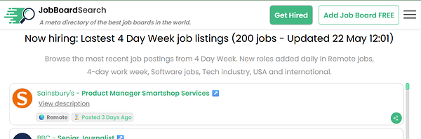 The image displays a job listing interface from JobBoardSearch featuring recent job postings for a 4-day work week.