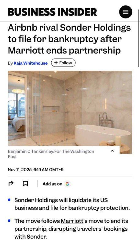 The image features a news article from Business Insider about Sonder Holdings filing for bankruptcy, accompanied by a photo of a modern bathroom.