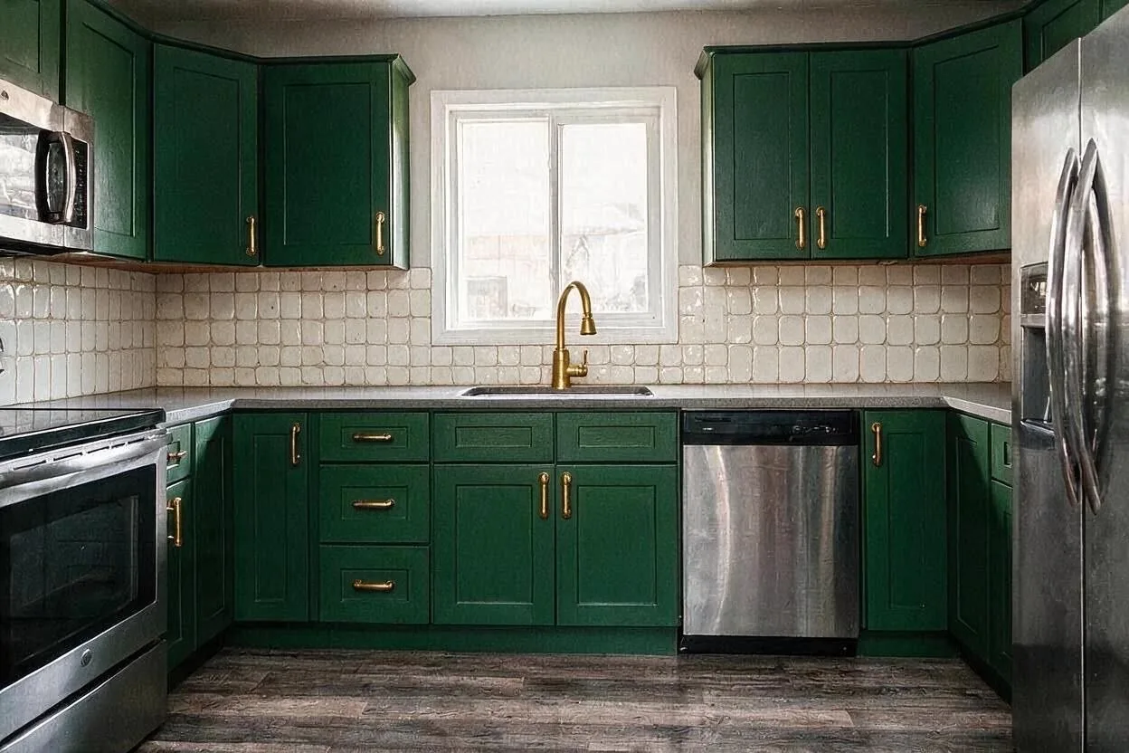 The same room after: Brass handles and a brass faucet.