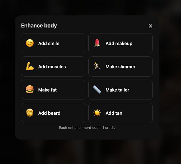 Digital user interface design of a mobile app displaying a modal with various body and face filter options for photos.