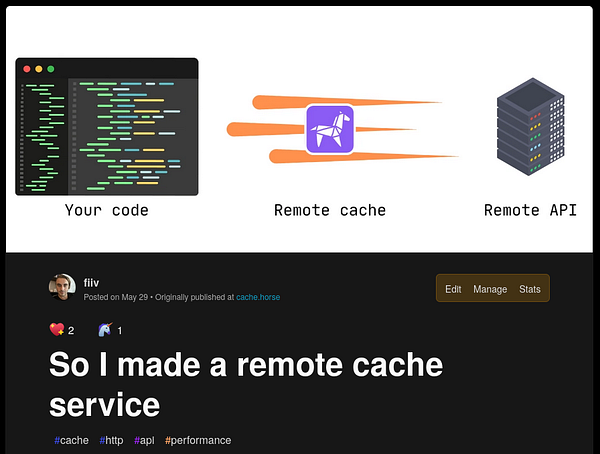 The image illustrates a blog post about a remote cache service, featuring a visual representation of code, a remote cache, and a remote API.
